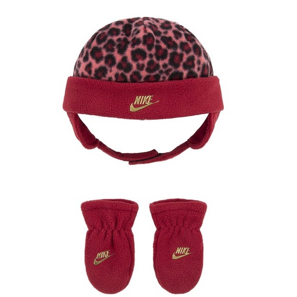 Nike Baby Girls Trapper Hat & Mittens Set Burgundy/Leopard Print NEW NWT - Picture 1 of 5